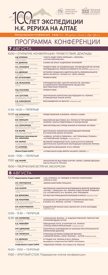 ПРОГРАММА конференции, посвящённой 100-летию экспедиции Н.К. Рериха в Сибири и на Алтае